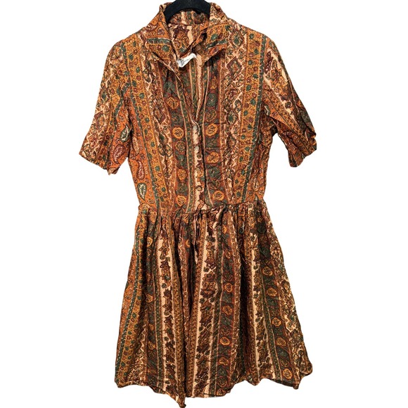 Dresses & Skirts - Boho‎ Paisley Dress Womens Medium Brown Orange Green Button Front Short Sleeve